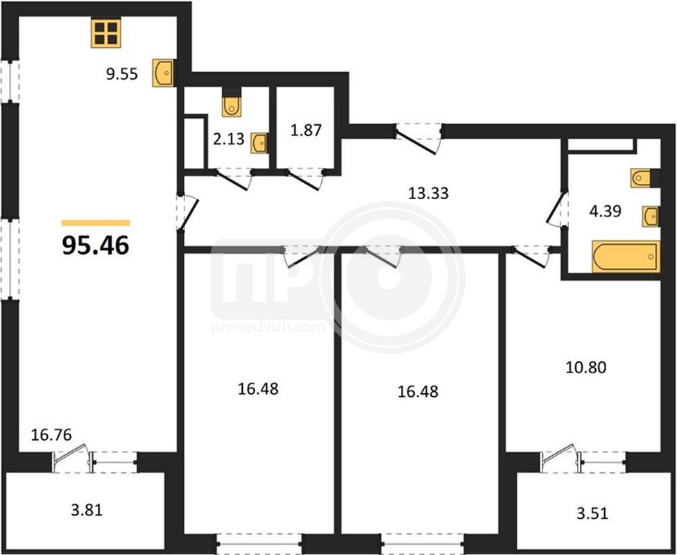 3-комнатная квартира, 95.46кв.м