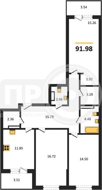 Миниатюра 3-комнатная квартира, 91.98кв.м