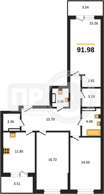 3-комнатная квартира, 91.98кв.м