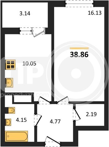 Миниатюра 1-комнатная квартира, 38.86кв.м