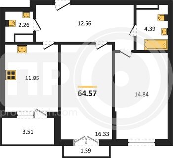 Миниатюра 2-комнатная квартира, 64.57кв.м