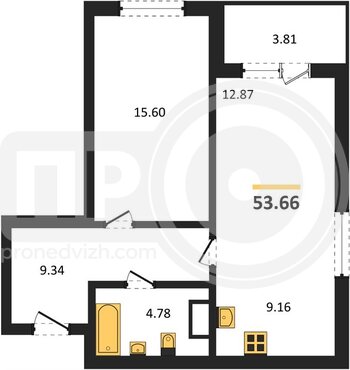 Миниатюра 1-комнатная квартира, 53.66кв.м