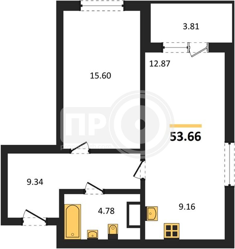 1-комнатная квартира, 53.66кв.м