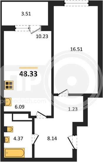 Миниатюра 1-комнатная квартира, 48.33кв.м