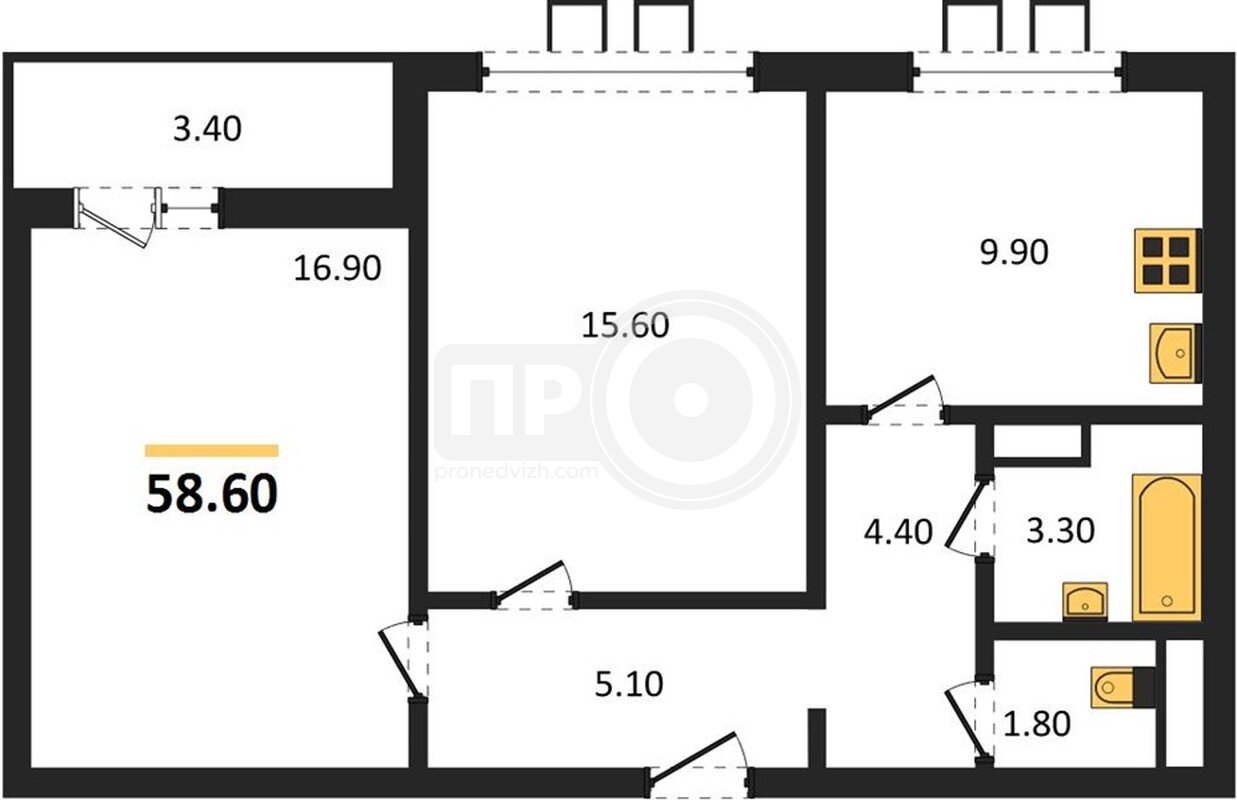 2-комнатная квартира, 58.6кв.м