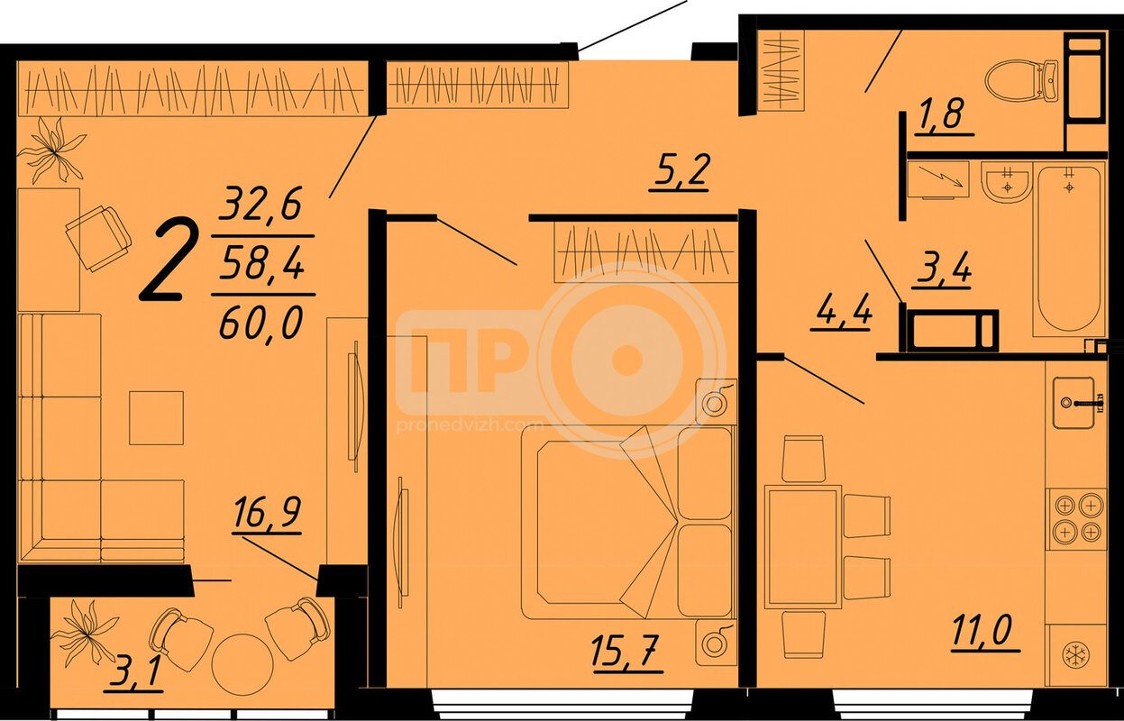 2-комнатная квартира, 59.8кв.м