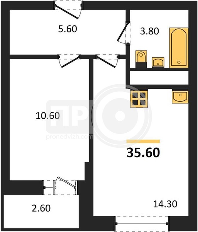 1-комнатная квартира, 35.6кв.м