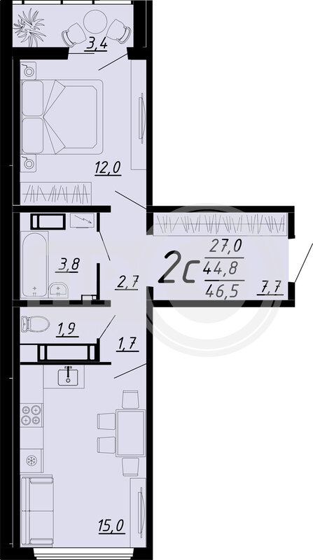 2-комнатная квартира, 45.9кв.м