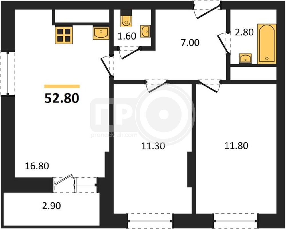 2-комнатная квартира, 52.8кв.м