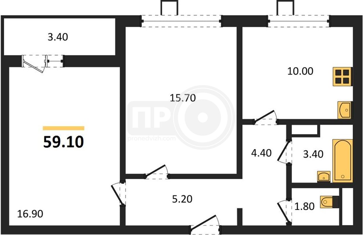 2-комнатная квартира, 59.1кв.м