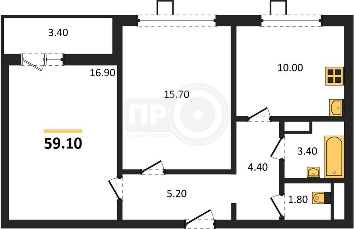 2-комнатная квартира, 59.1кв.м