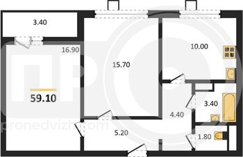 Миниатюра 2-комнатная квартира, 59.1кв.м