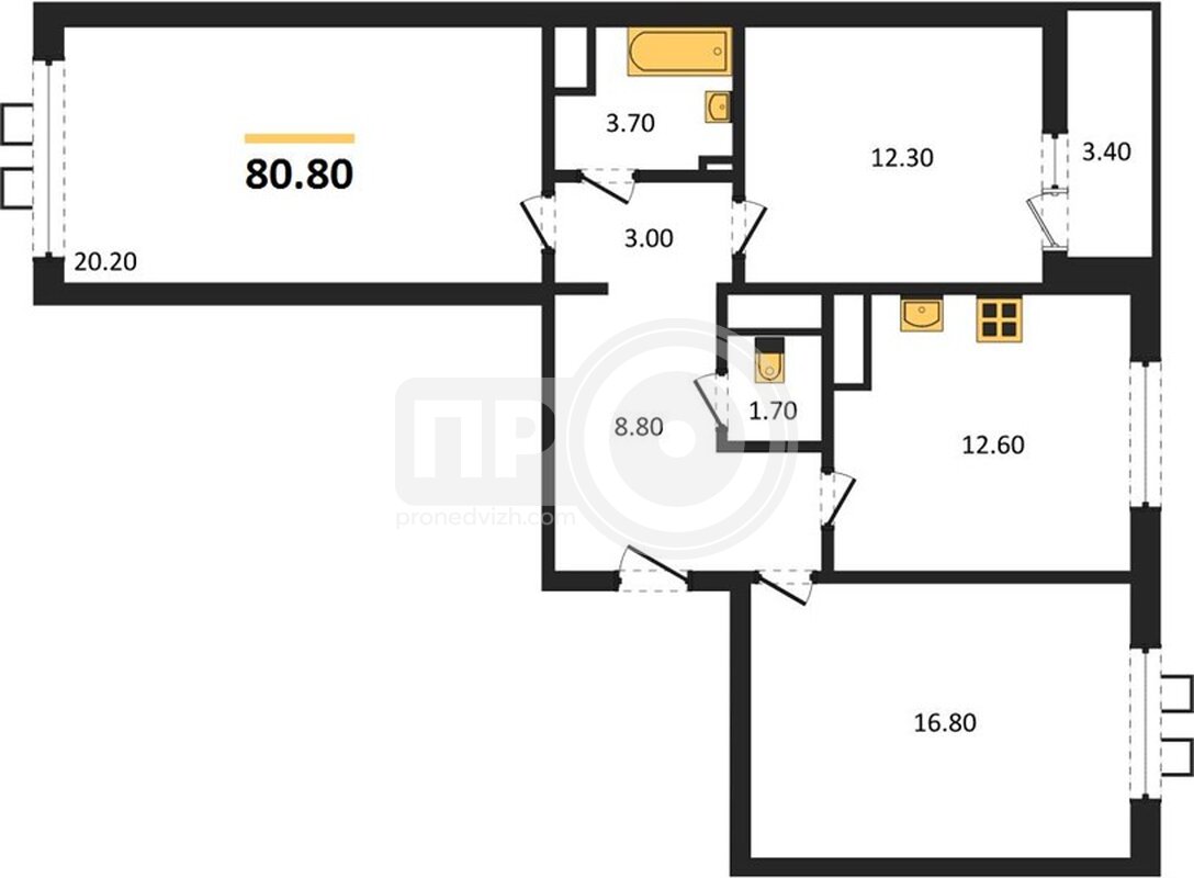 3-комнатная квартира, 80.8кв.м