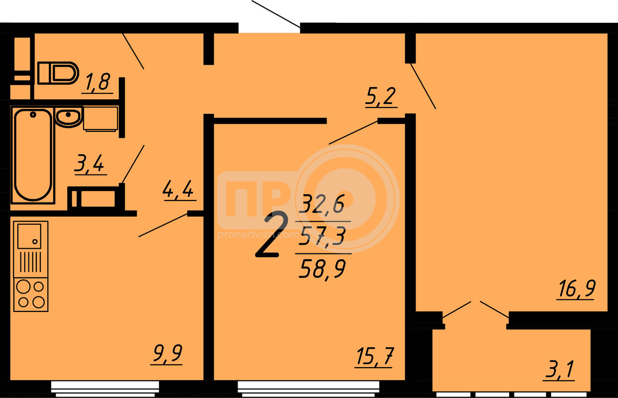 2-комнатная квартира, 58.4кв.м