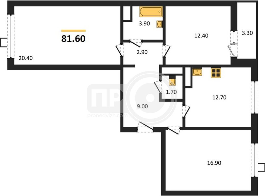 3-комнатная квартира, 81.6кв.м