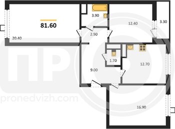 Миниатюра 3-комнатная квартира, 81.6кв.м