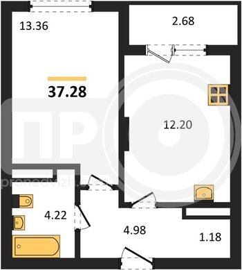 Миниатюра 1-комнатная квартира, 37.56кв.м