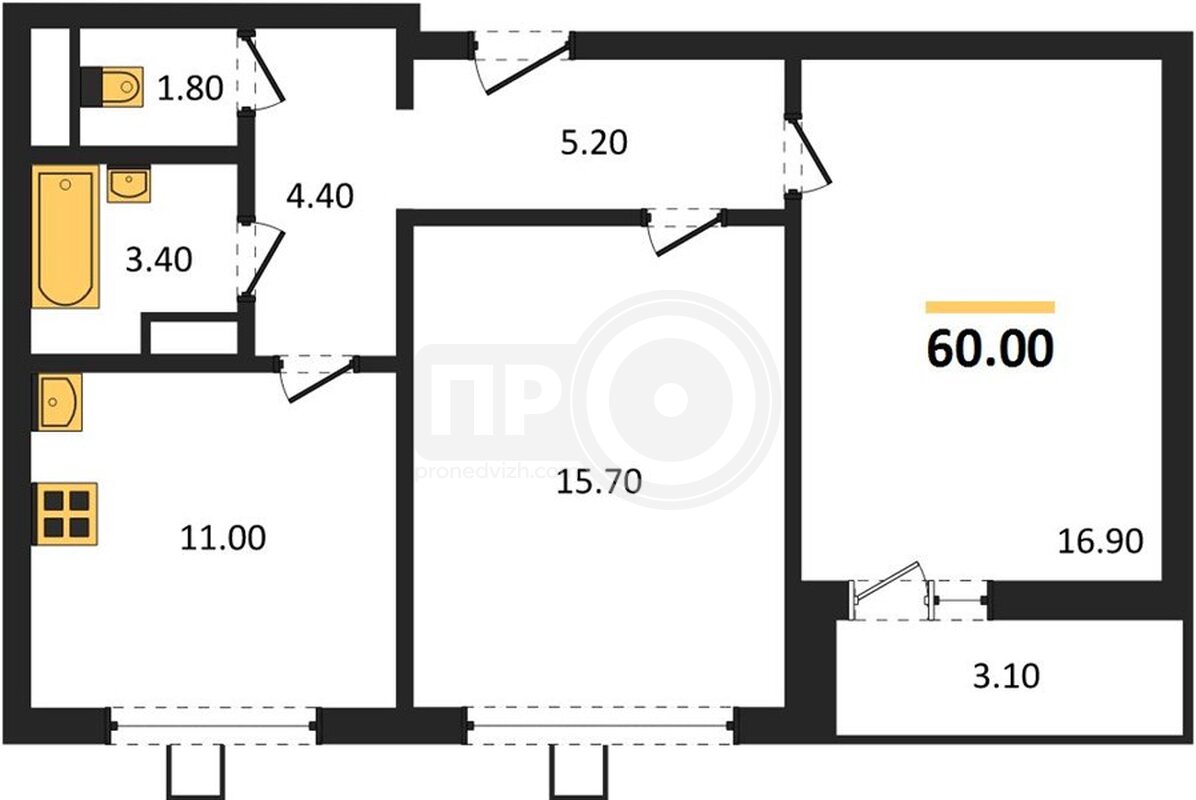 2-комнатная квартира, 60кв.м