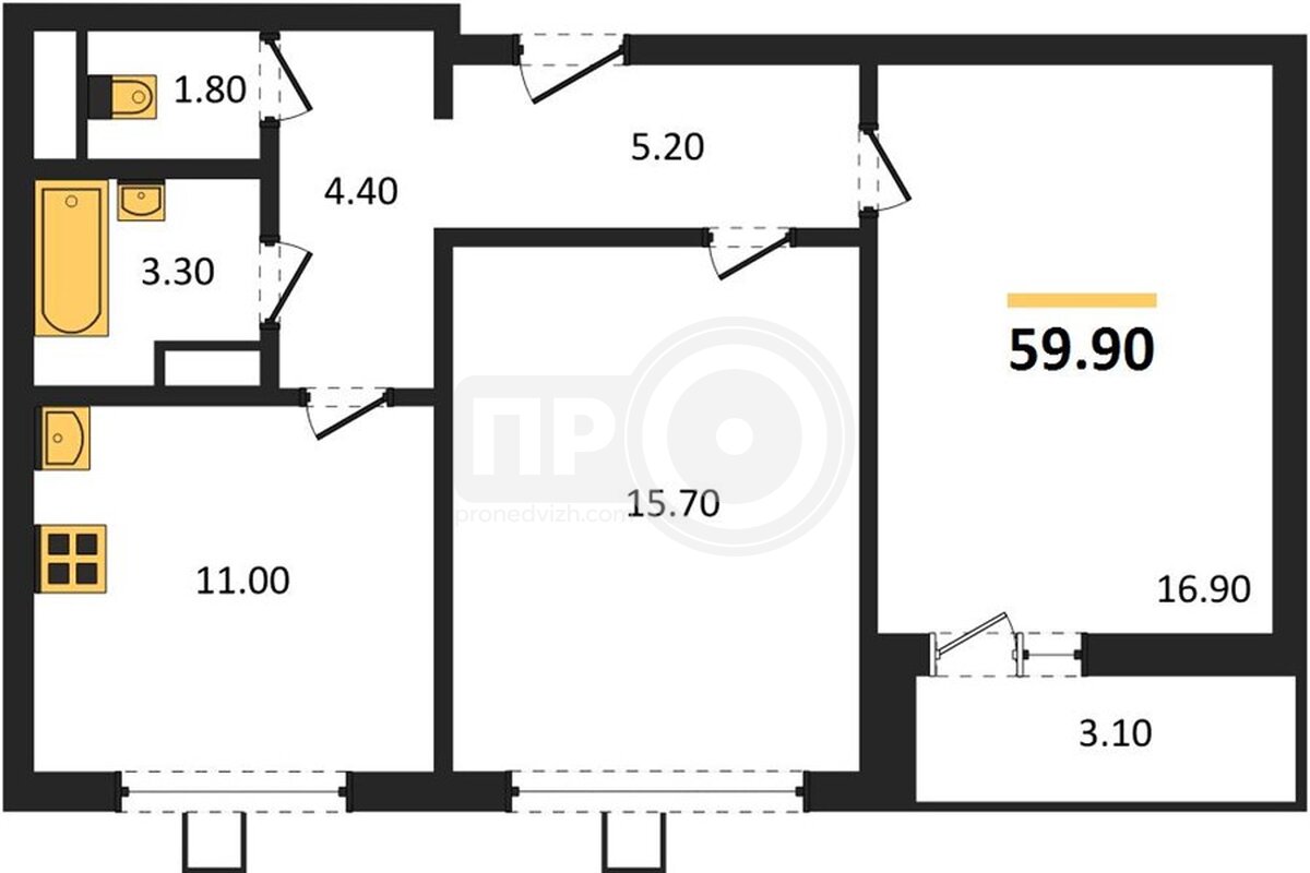 2-комнатная квартира, 59.9кв.м