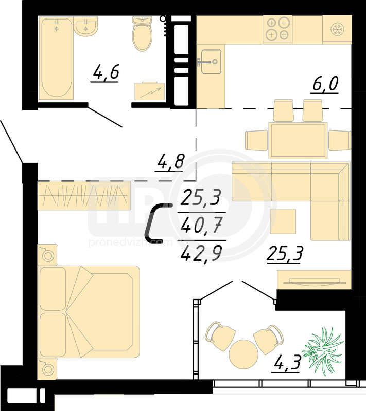 1-комнатная квартира, 42.9кв.м