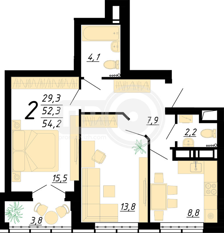 2-комнатная квартира, 54.2кв.м