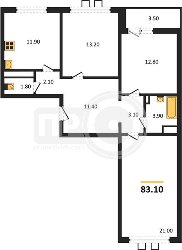 3-комнатная квартира, 83.1кв.м