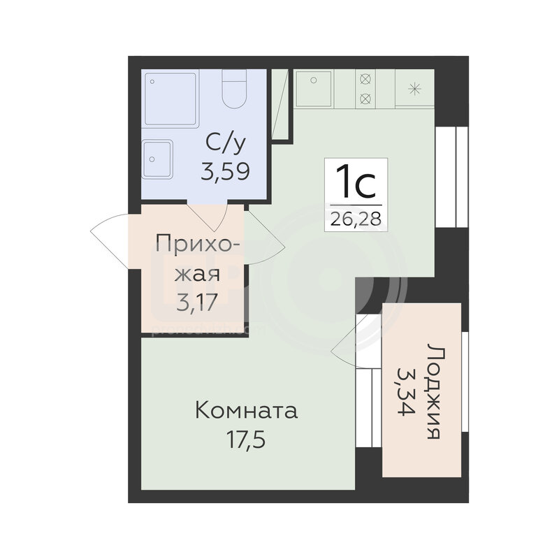 1-комнатная квартира, 26.28кв.м