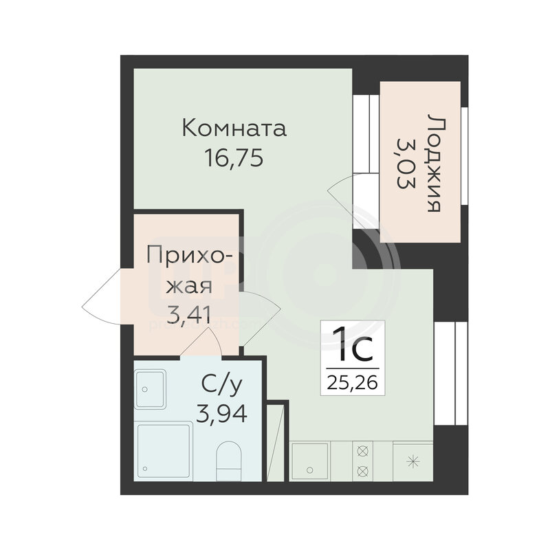 1-комнатная квартира, 25.26кв.м