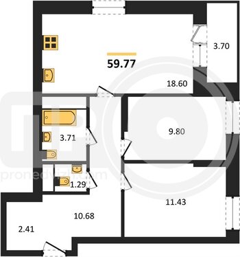 Миниатюра 2-комнатная квартира, 59.77кв.м