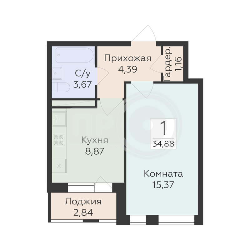 1-комнатная квартира, 34.88кв.м