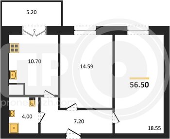 Миниатюра 2-комнатная квартира, 56.5кв.м