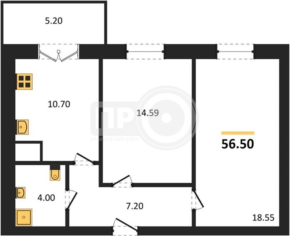 2-комнатная квартира, 56.5кв.м