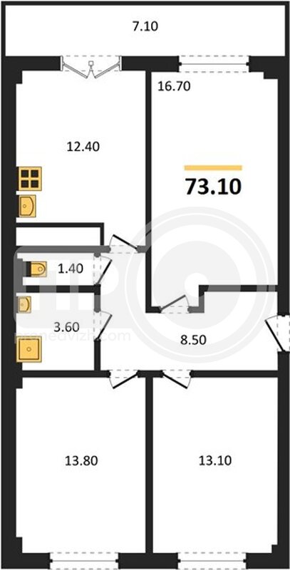 3-комнатная квартира, 73.1кв.м