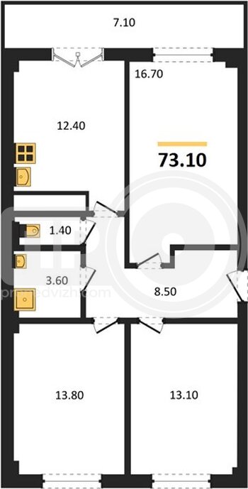 Миниатюра 3-комнатная квартира, 73.1кв.м