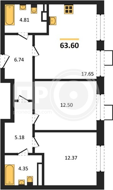 2-комнатная квартира, 63.6кв.м
