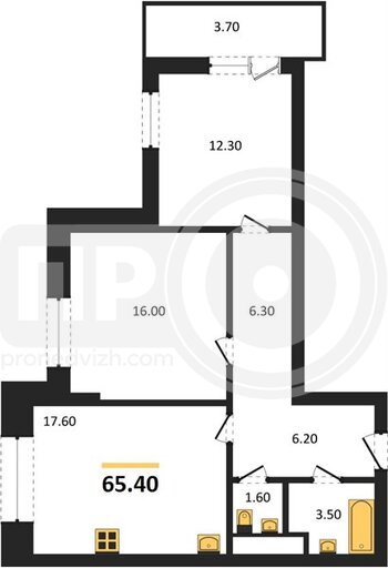 Миниатюра 2-комнатная квартира, 65.4кв.м