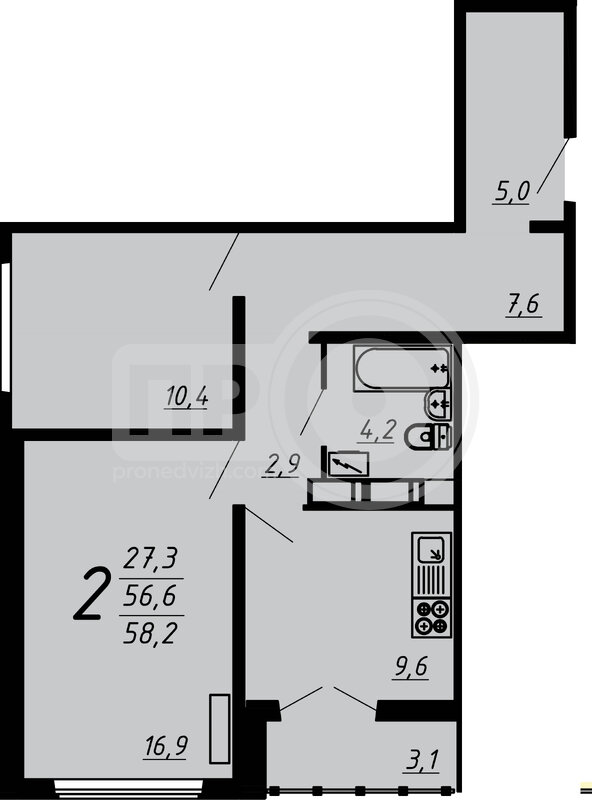 2-комнатная квартира, 57.8кв.м