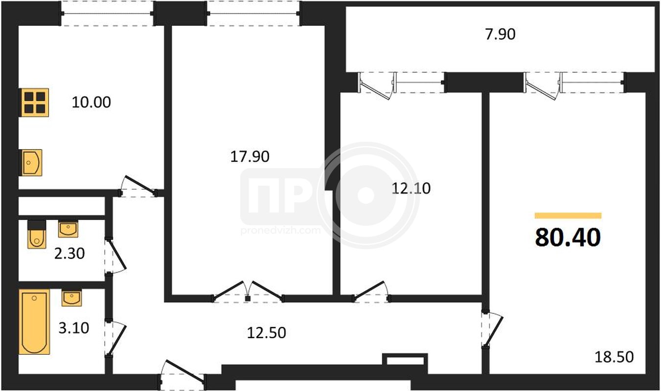 3-комнатная квартира, 80.4кв.м