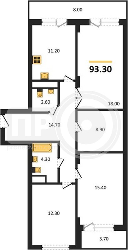 3-комнатная квартира, 93.3кв.м