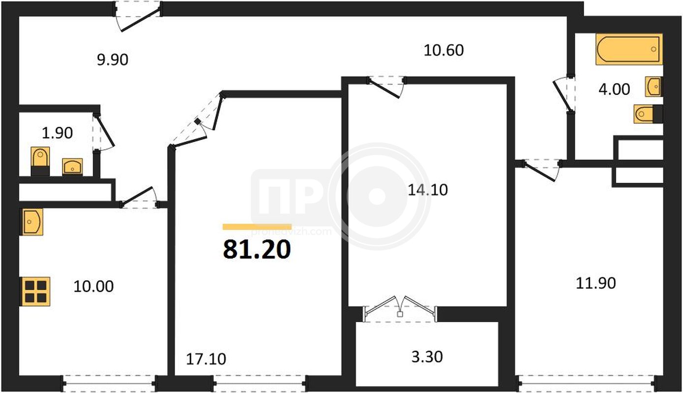 3-комнатная квартира, 81.2кв.м