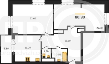 Миниатюра 2-комнатная квартира, 80.8кв.м