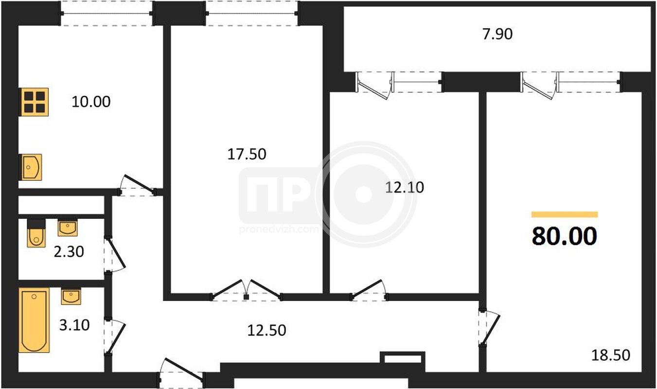 3-комнатная квартира, 80кв.м