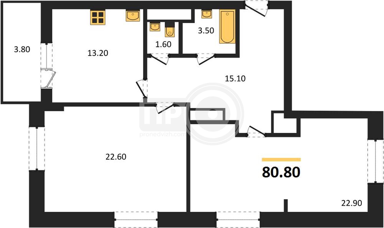 2-комнатная квартира, 80.8кв.м