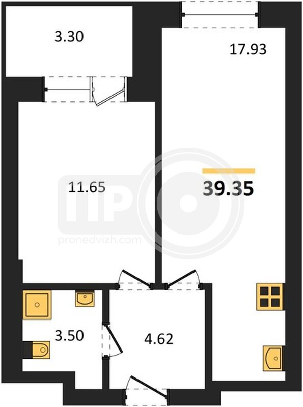 1-комнатная квартира, 39.35кв.м