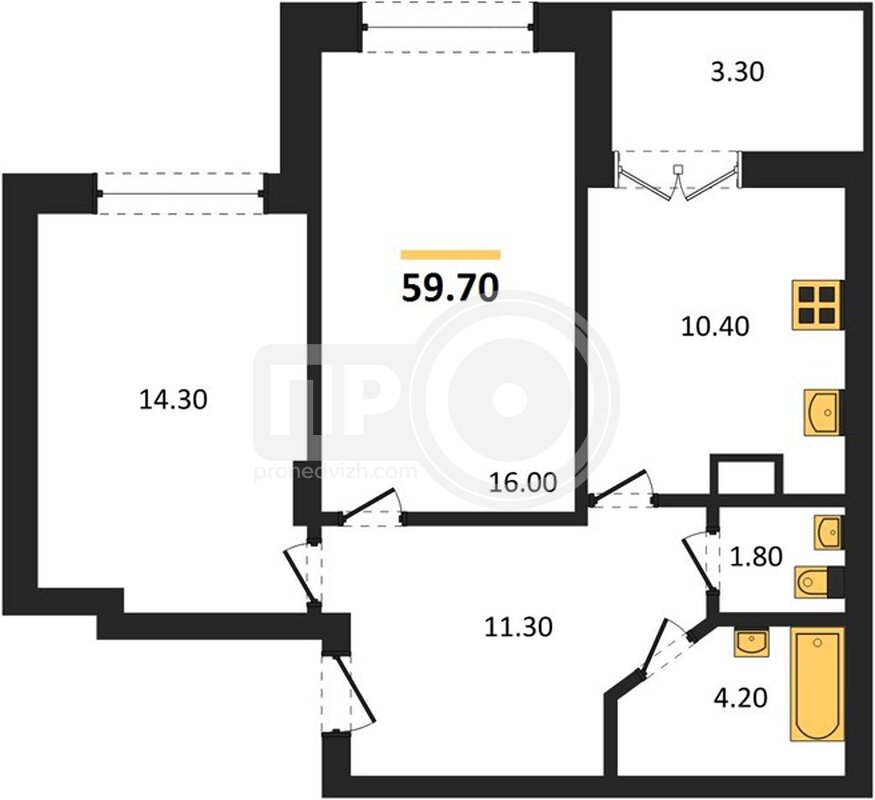 2-комнатная квартира, 59.7кв.м