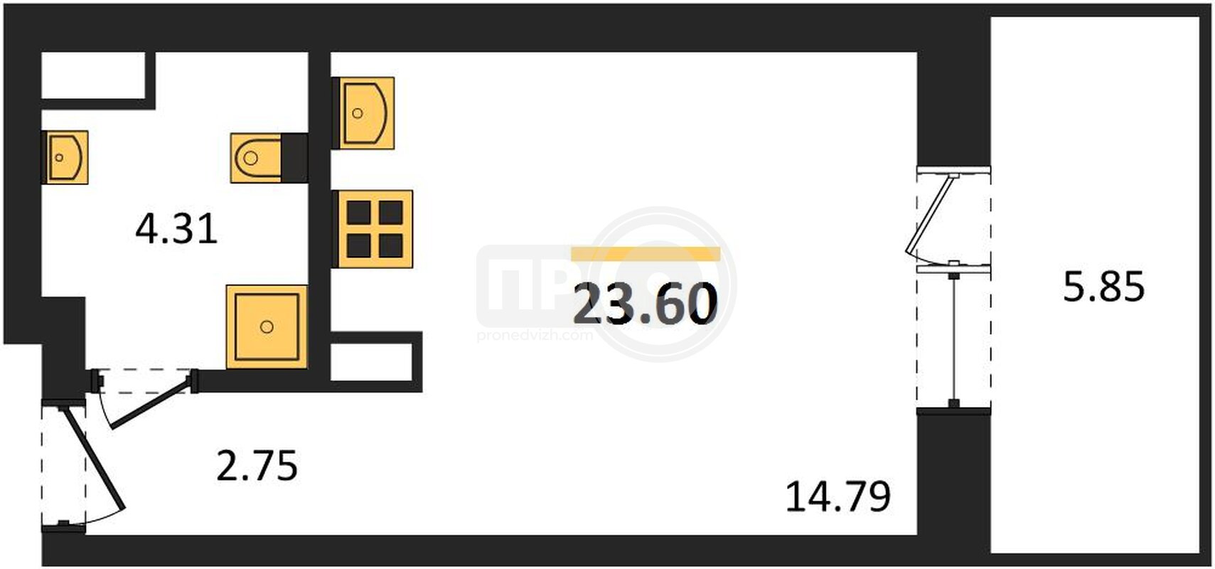 квартира-студия, 23,6кв.м.