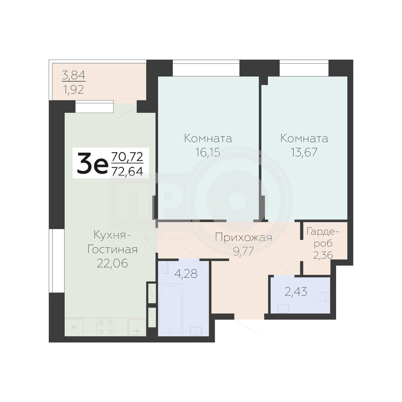 3-комнатная квартира, 72.64кв.м