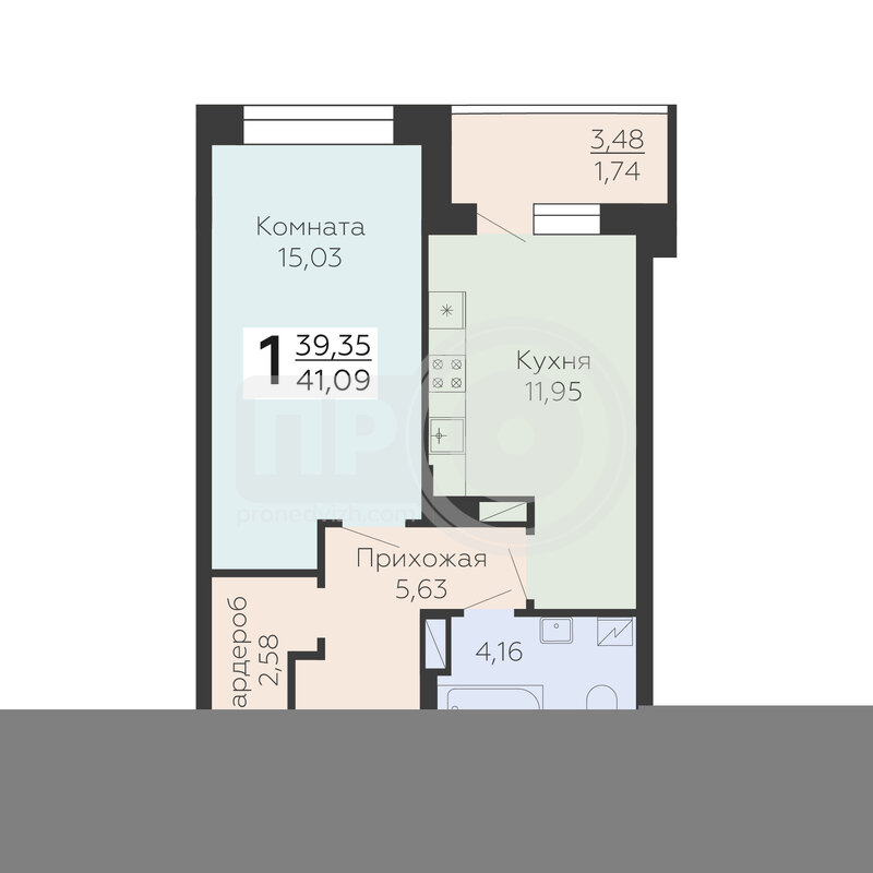 1-комнатная квартира, 41.09кв.м