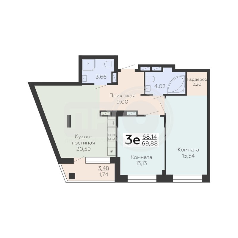 3-комнатная квартира, 69.88кв.м