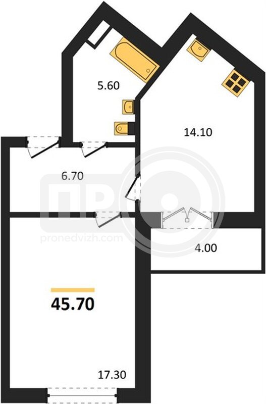 1-комнатная квартира, 45.7кв.м
